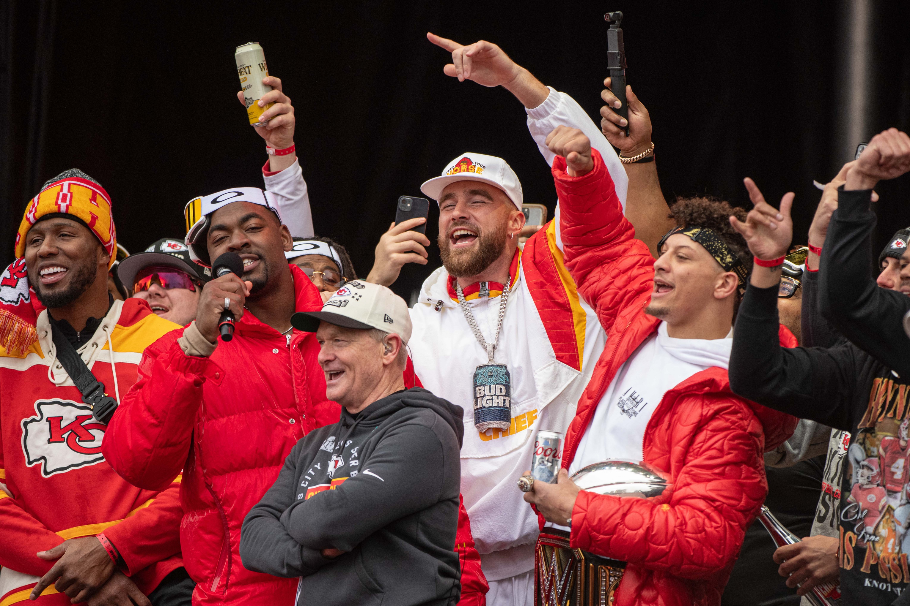 Chiefs defensive tackle Chris Jones, tight end Travis Kelce and quarterback Patrick Mahomes celebrate their second Super Bowl title during a parade.