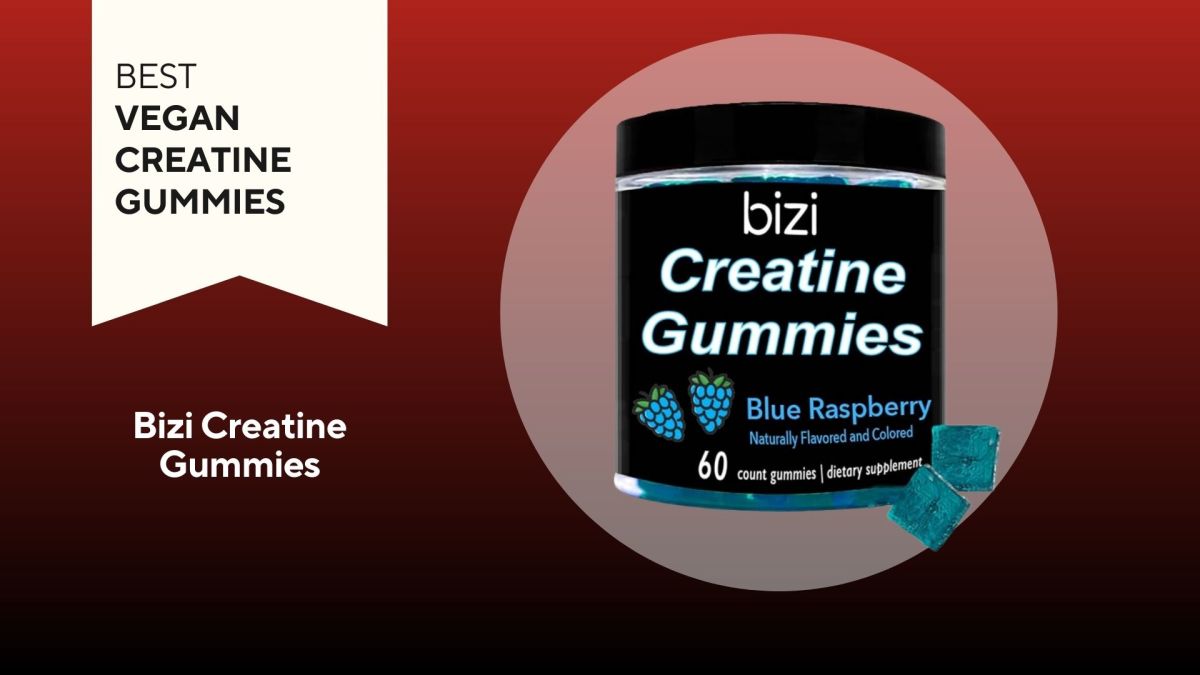 A red background with a white banner that says, "Best Vegan Creatine Gummies" next to a black and blue container of Bizi Creatine Gummies in Blue Raspberry flavor