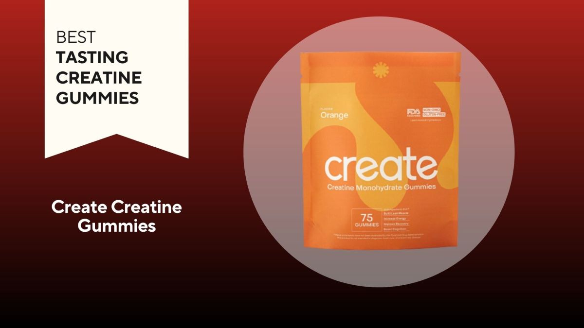 A red background with a white banner that says, "Best Tasting Creatine Gummies" next to an orange bag of Create Creatine Gummies in Orange flavor