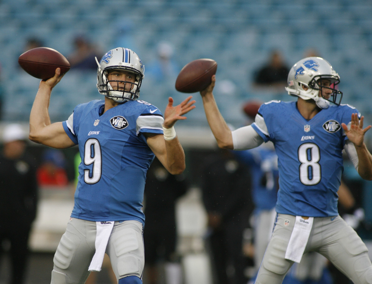 Aug 28, 2015; Jacksonville, FL, USA; Detroit Lions quarterbacks Matthew Stafford (9) and Dan Orlovsky (8) throw the ball prior to their preseason NFL football game against the Jacksonville Jaguars at EverBank Field. Mandatory Credit: Phil Sears-USA TODAY Sports