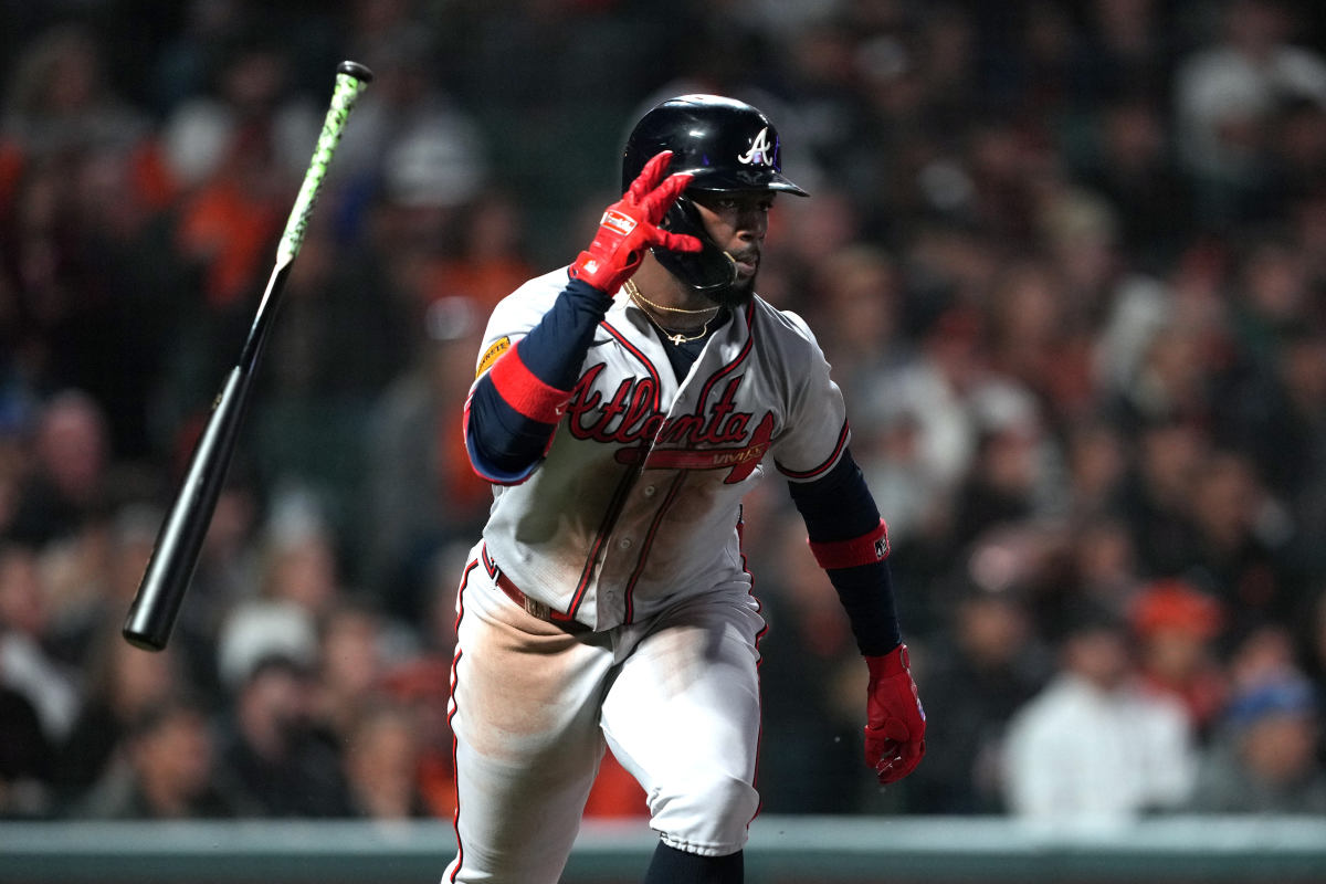 Aug 25, 2023; San Francisco, California, USA; Atlanta Braves center fielder Michael Harris II (23) flips his bat after hitting an RBI single against the San Francisco Giants during the sixth inning at Oracle Park.