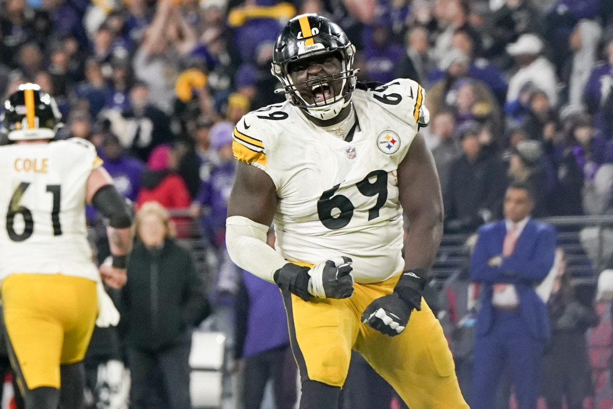 Jan 1, 2023; Baltimore, Maryland, USA; Pittsburgh Steelers guard Kevin Dotson (69) reacts after the team scores a touchdown against the Baltimore Ravens during the second half at M&T Bank Stadium. Mandatory Credit: Jessica Rapfogel-USA TODAY Sports