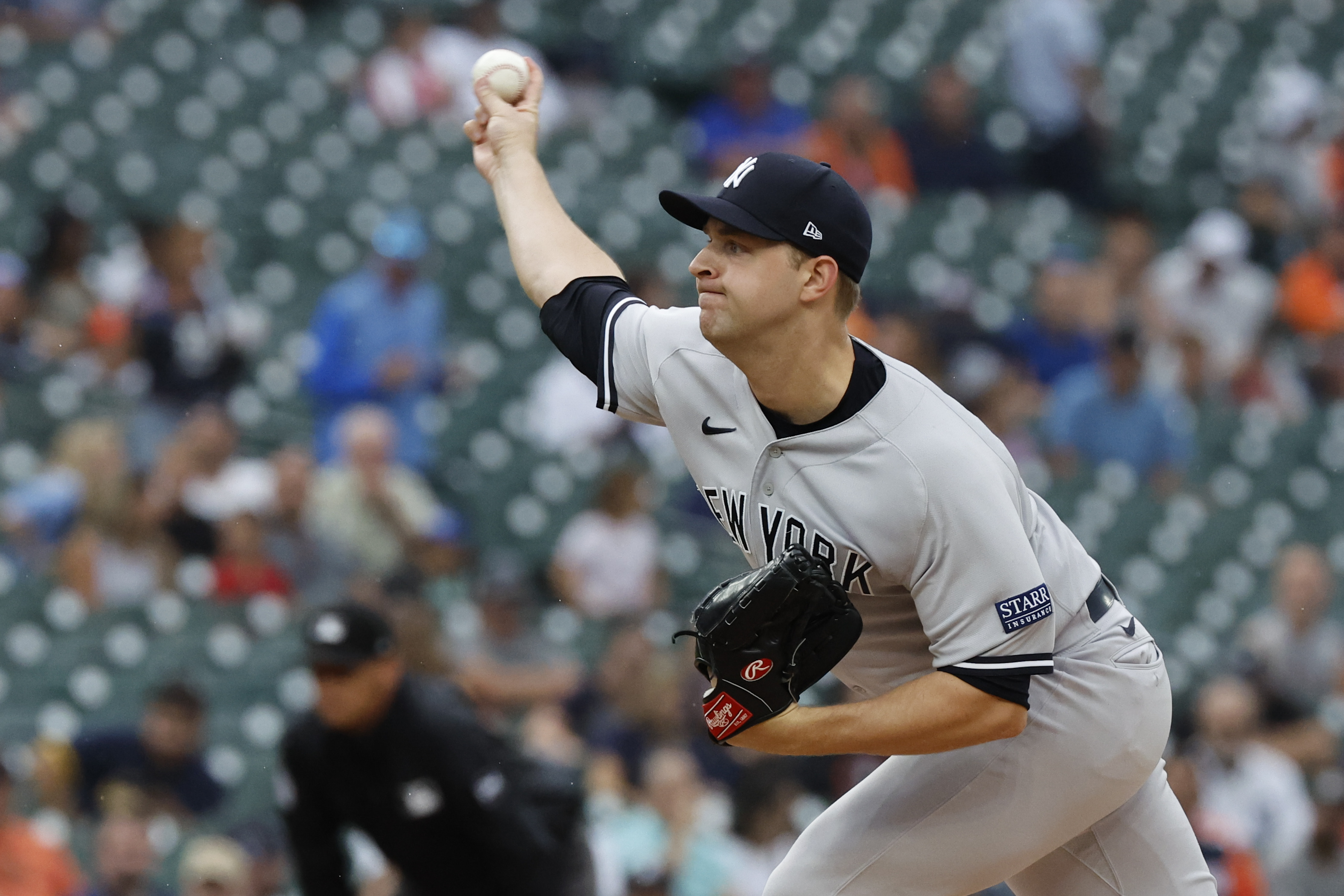 Aug 29, 2023; Detroit, Michigan, USA; New York Yankees starting pitcher Michael King (34) pitches in the first inning against the Detroit Tigers at Comerica Park.