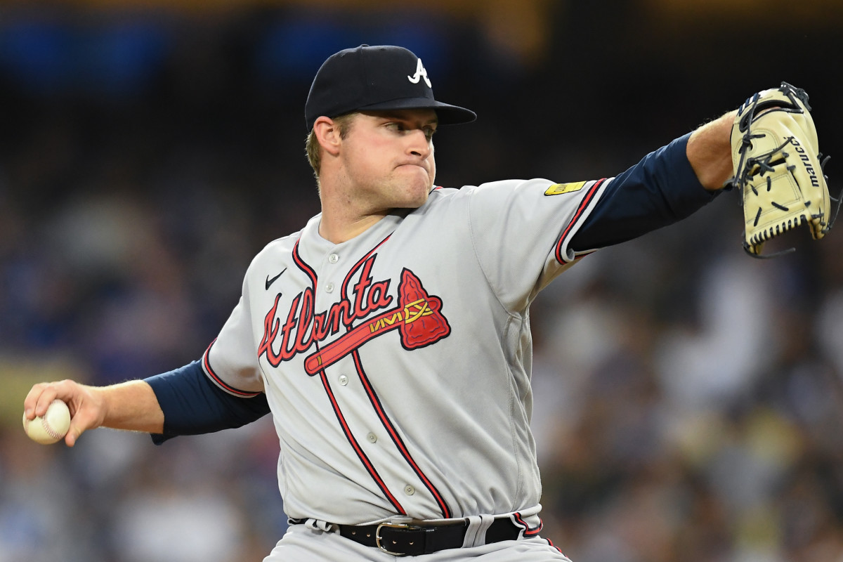 Sep 2, 2023; Los Angeles, California, USA; Atlanta Braves starting pitcher Bryce Elder (55) throws a pitch against the Los Angeles Dodgers during the third inning at Dodger Stadium.