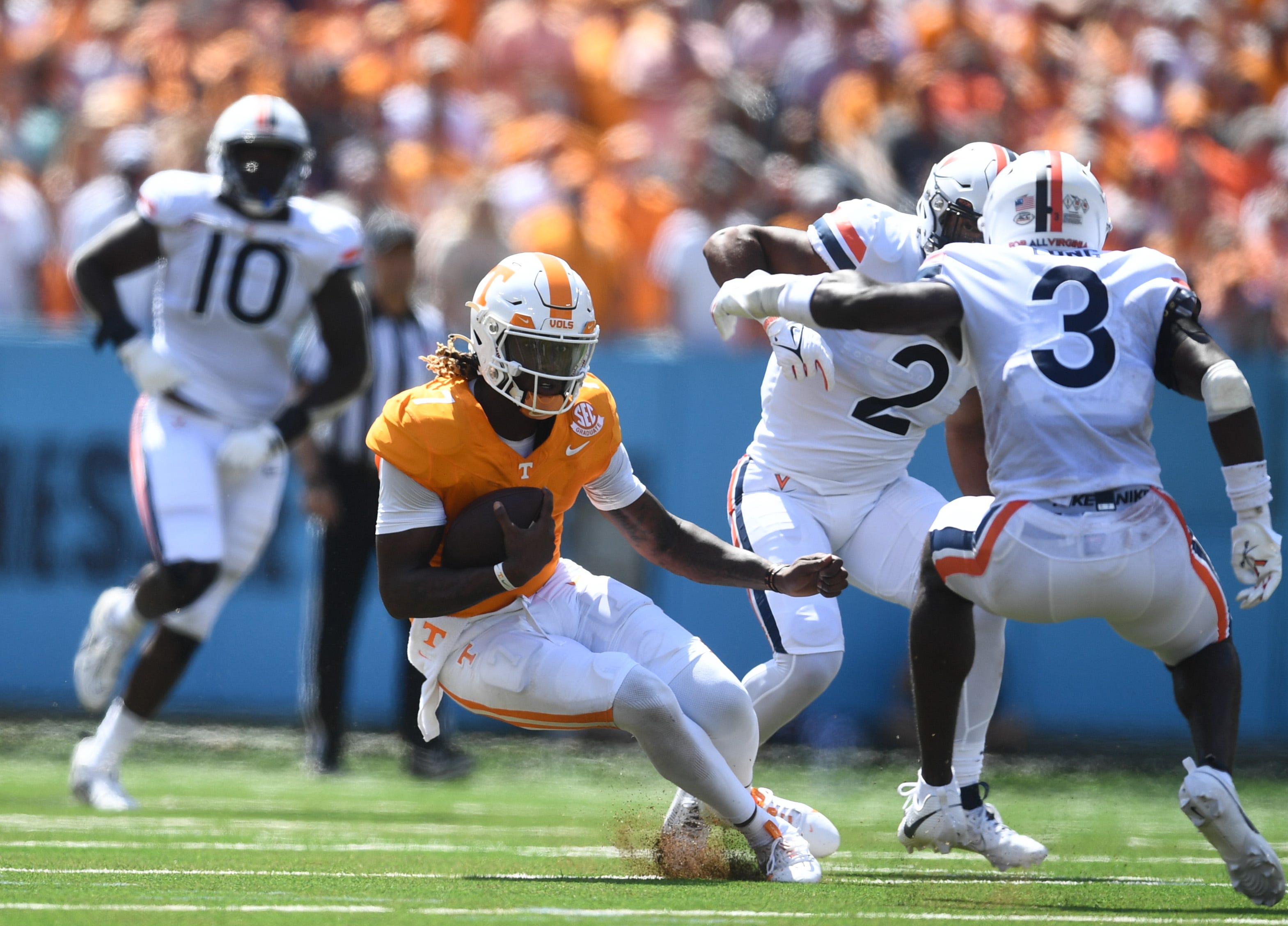 Tennessee Volunteers QB Joe Milton III during the win against Virginia on September 2nd, 2023, in Nashville, Tennessee. (Photo by Caitie McMekin of the News Sentinel)