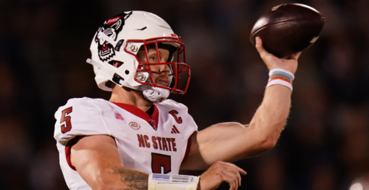 NC State Wolfpack quarterback Brennan Armstrong attempts a pass during a college football game in the ACC.
