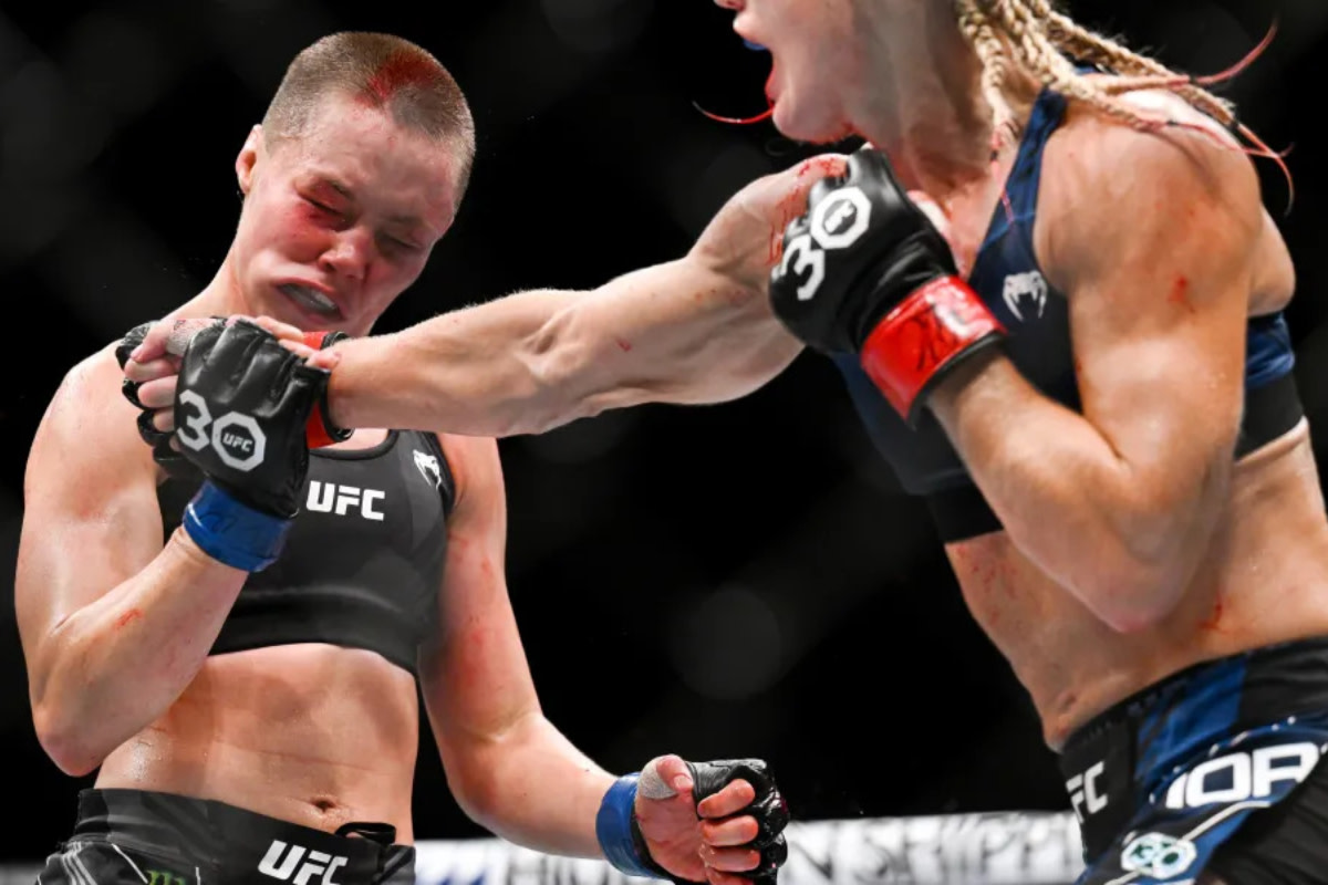 Manon Fiorot scores a punch on the jaw of Rose Namajunas at UFC Paris.