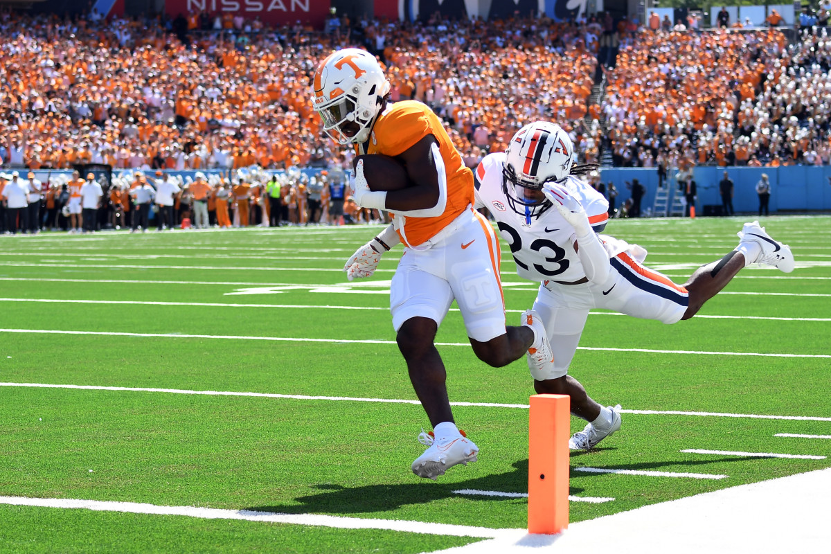Tennessee Volunteers RB Dylan Sampson scoring a touchdown against Virginia on September 2nd, 2023, in Nashville, Tennessee. (Photo by Christopher Hanewinckel of USA Today Sports)