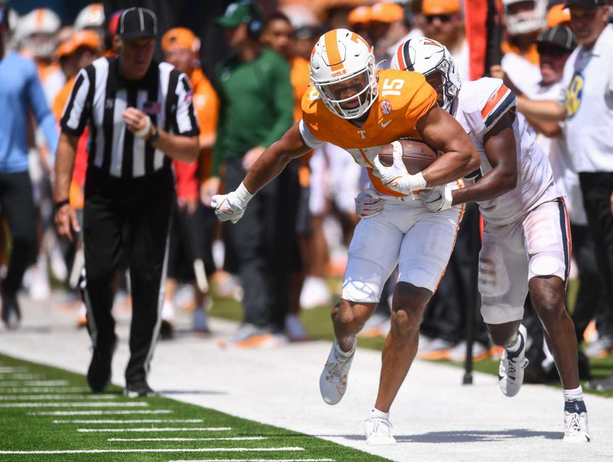 Tennessee Volunteers WR Bru McCoy fighting for a first down in the win over Virginia on September 2nd, 2023, in Nashville, Tennessee. (Photo by Caitie McMekin of the News Sentinel)