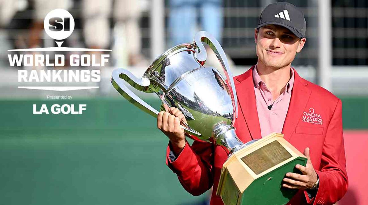 Ludvig Aberg poses with the trophy after winning the 2023 European Masters. Also pictured is the SI World Golf Rankings logo.