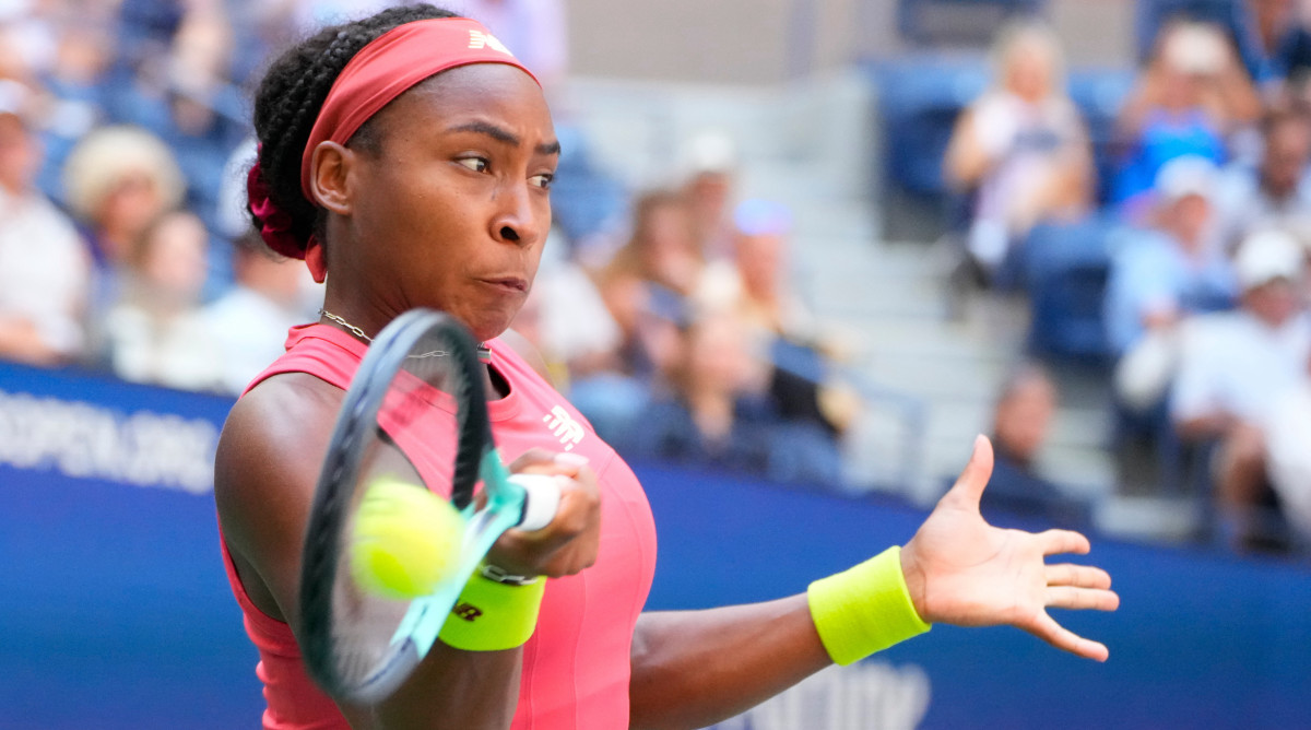 Coco Gauff hits a forehand at the 2023 U.S. Open