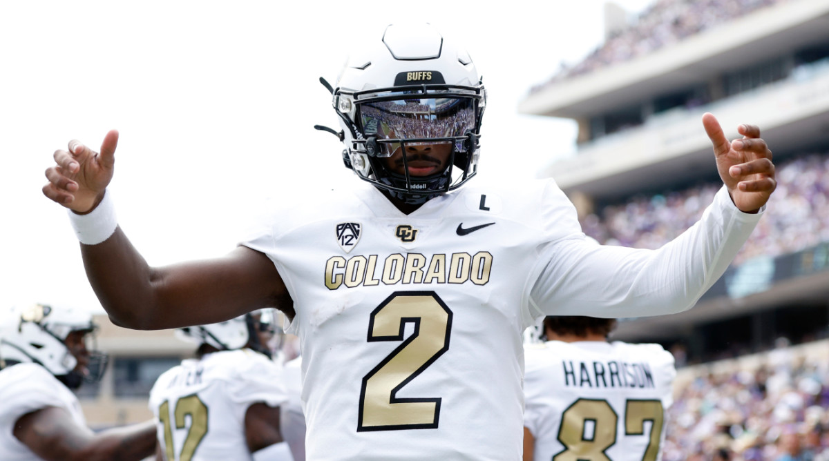 Colorado quarterback Shedeur Sanders celebrates a touchdown pass during the Buffaloes’ upset win over TCU in Week 1.