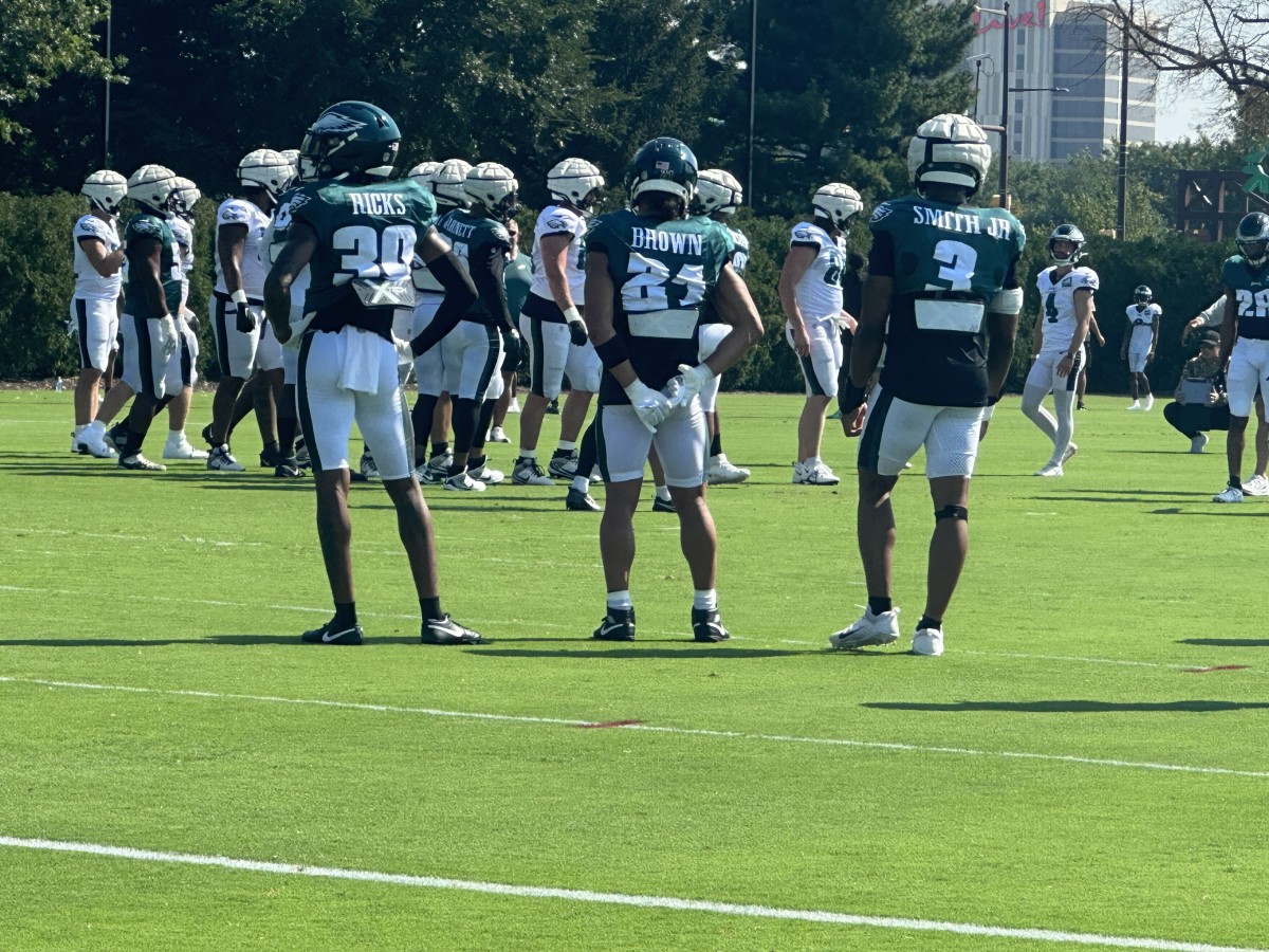 Eagles defensive rookies, left to right, Eli Ricks, Sydney Brown, and Nolan Smith
