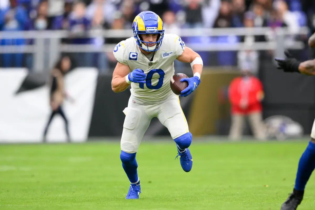 Los Angeles Rams wide receiver Cooper Kupp (10) has yet to play a game this season due to a hamstring injury.