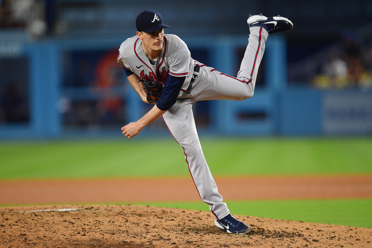 September 1, 2023; Los Angeles, California, USA; Atlanta Braves starting pitcher Max Fried (54) throws against the Los Angeles Dodgers during the fourth inning at Dodger Stadium.