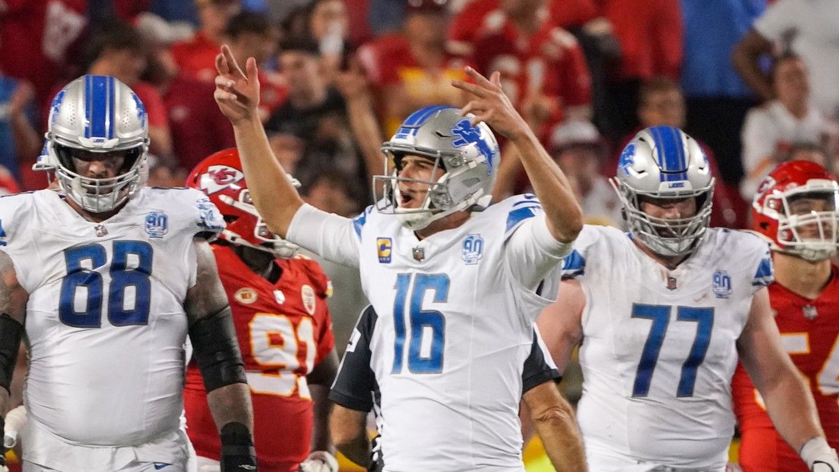 Jared Goff and the Lions celebrate their win at Kansas City. (Photo by USA Today Sports Images)