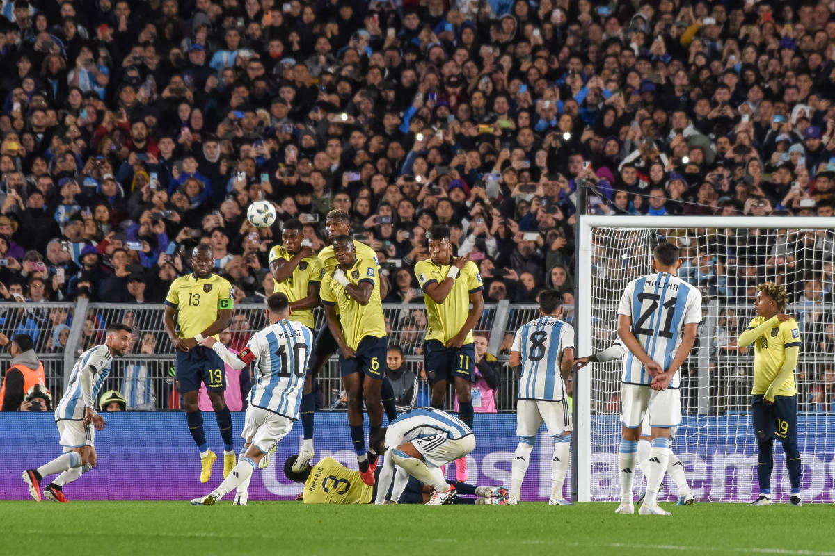 Lionel Messi pictured (no.10) scoring direct from a free-kick in Argentina's 1-0 win over Ecuador in September 2023