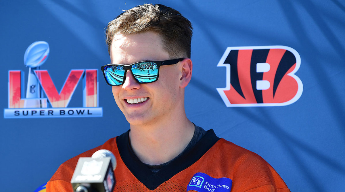 Joe Burrow wearing sunglasses during a press conference before Super Bowl LVI