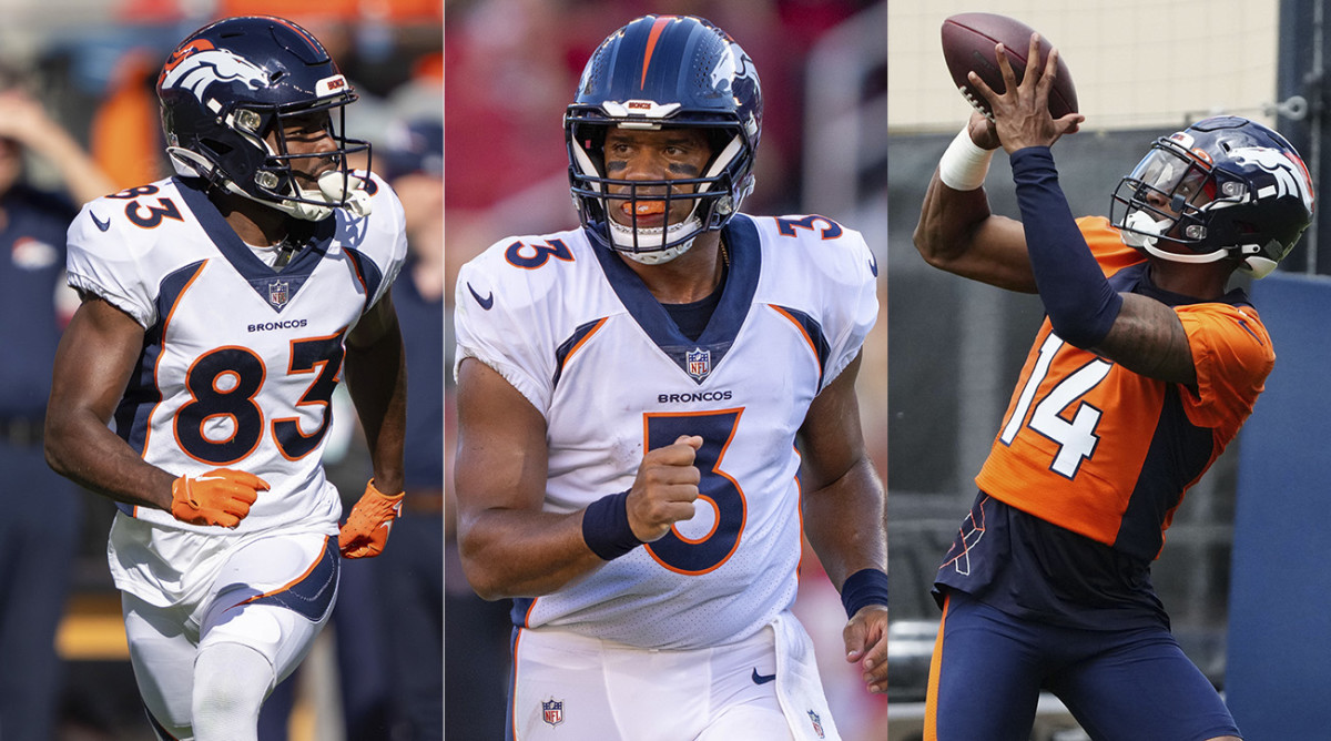 Left to right: Broncos receiver Marvin Mims, quarterback Russell Wilson and receiver Courtland Sutton