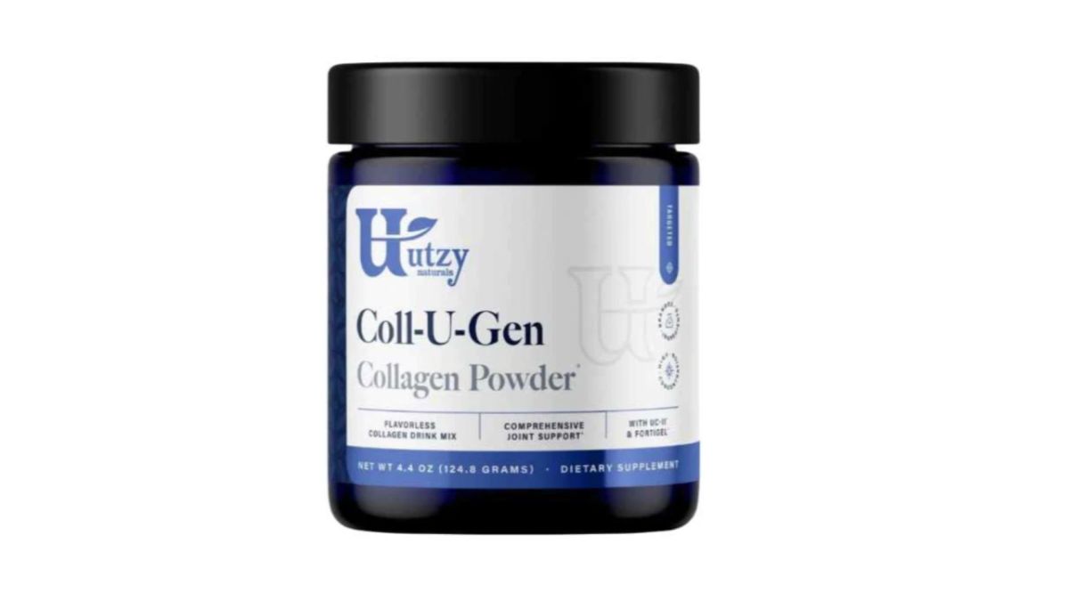 An unflavored container of Utzy-Naturals-Coll-U-Gen collagen powder