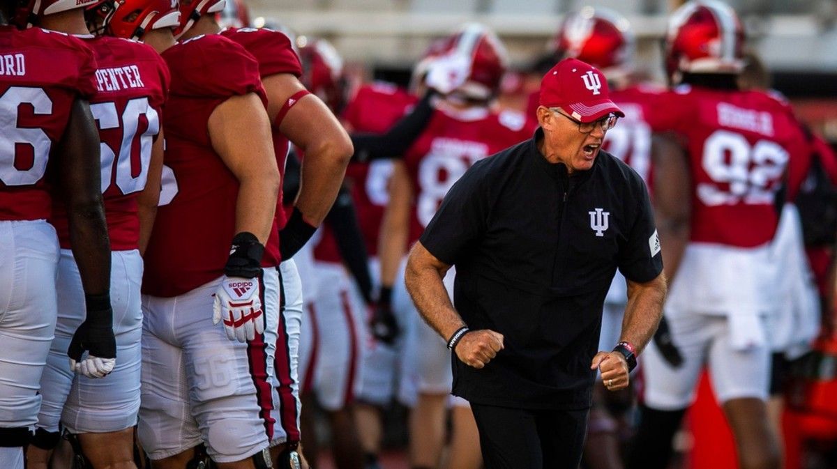 Indiana head coach Tom Allen fires up the Hoosiers before their game against Indiana State at Memorial Stadium on Friday, Sept. 8, 2023.