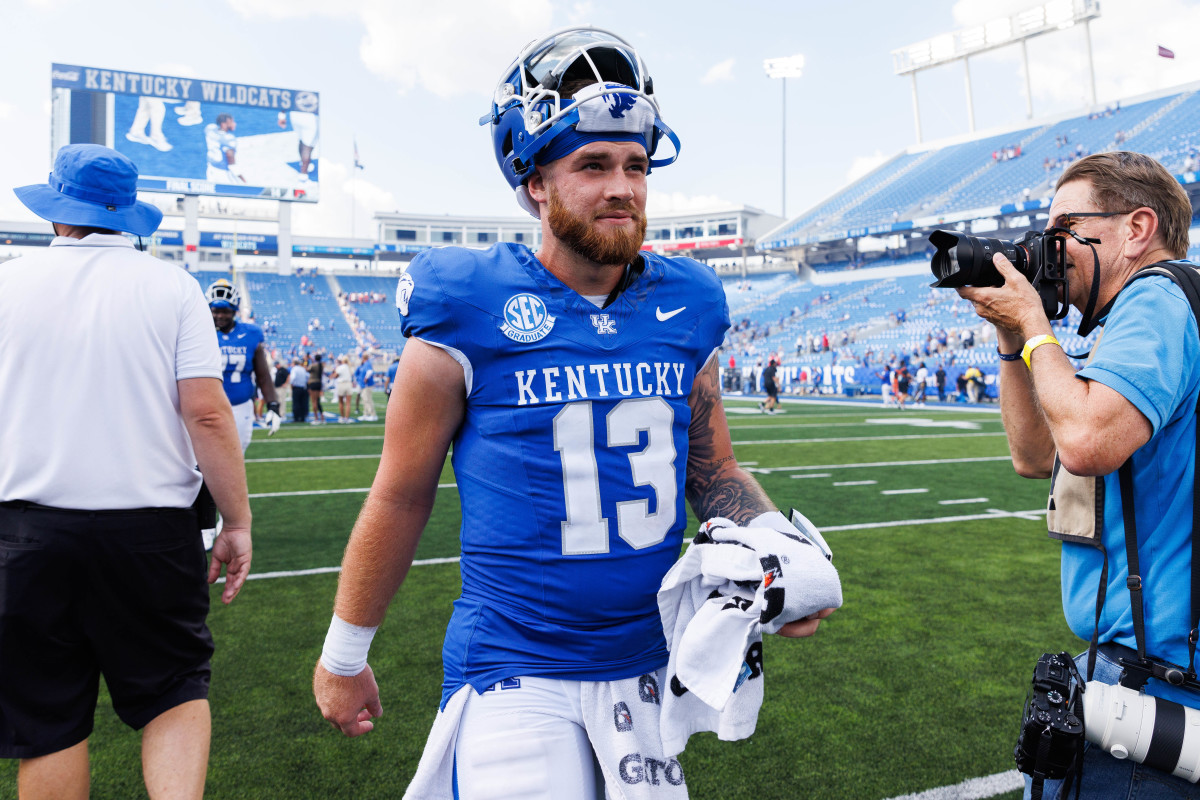 Kentucky QB Devin Leary after a win over Ball State on September 2nd, 2023, in Lexington, Kentucky. (Photo by Jordan Prather of USA Today Sports)