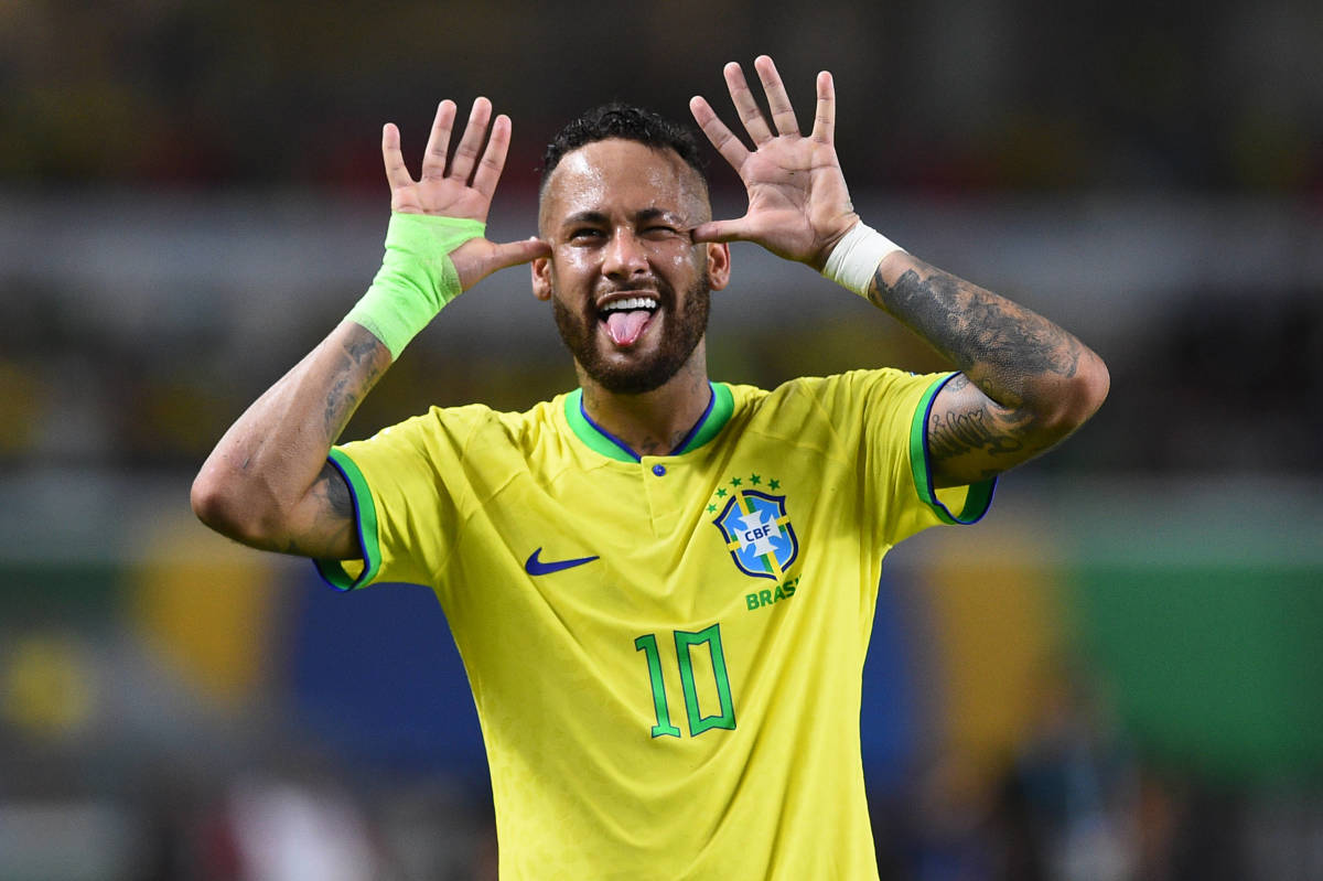 Neymar pictured celebrating after scoring his second goal in Brazil's 5-1 win over Bolivia in September 2023