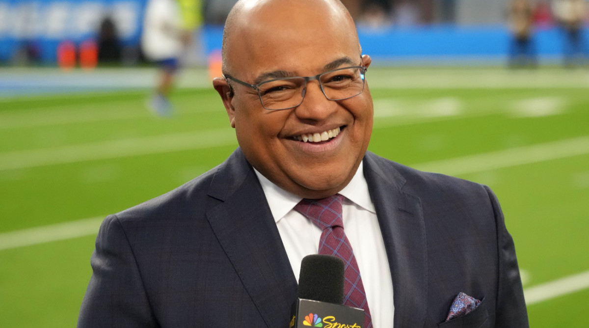 Nov 20, 2022; Inglewood, California, USA; NBC Sunday Night Football broadcaster Mike Tirico reacts during the game between the Los Angeles Chargers and the Kansas City Chiefs at SoFi Stadium. Mandatory Credit: Kirby Lee-USA TODAY Sports  