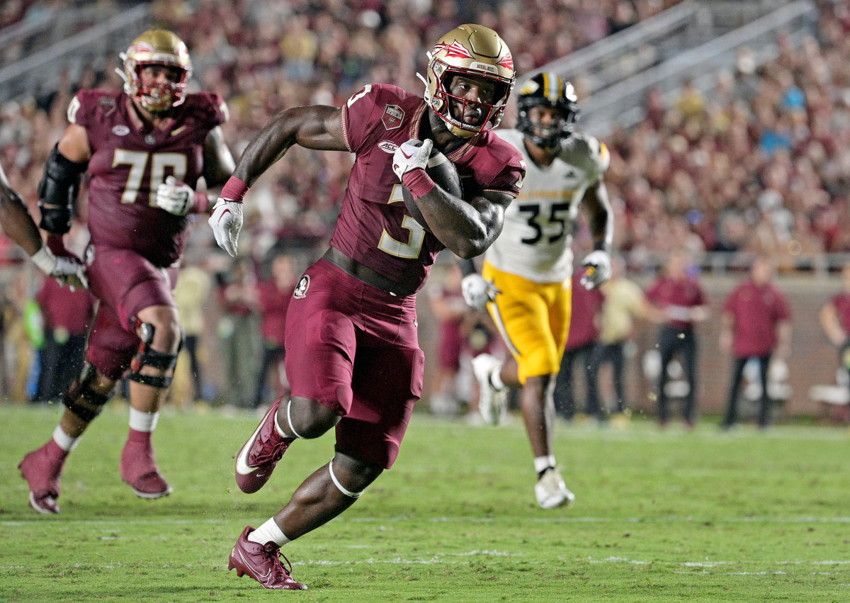 Sep 9, 2023; Tallahassee, Florida, USA; Florida State Seminoles running back Trey Benson (3) runs the ball for a touchdown during the first half against the Southern Miss Golden Eagles at Doak S. Campbell Stadium - Melina Myers - USA TODAY Sports
