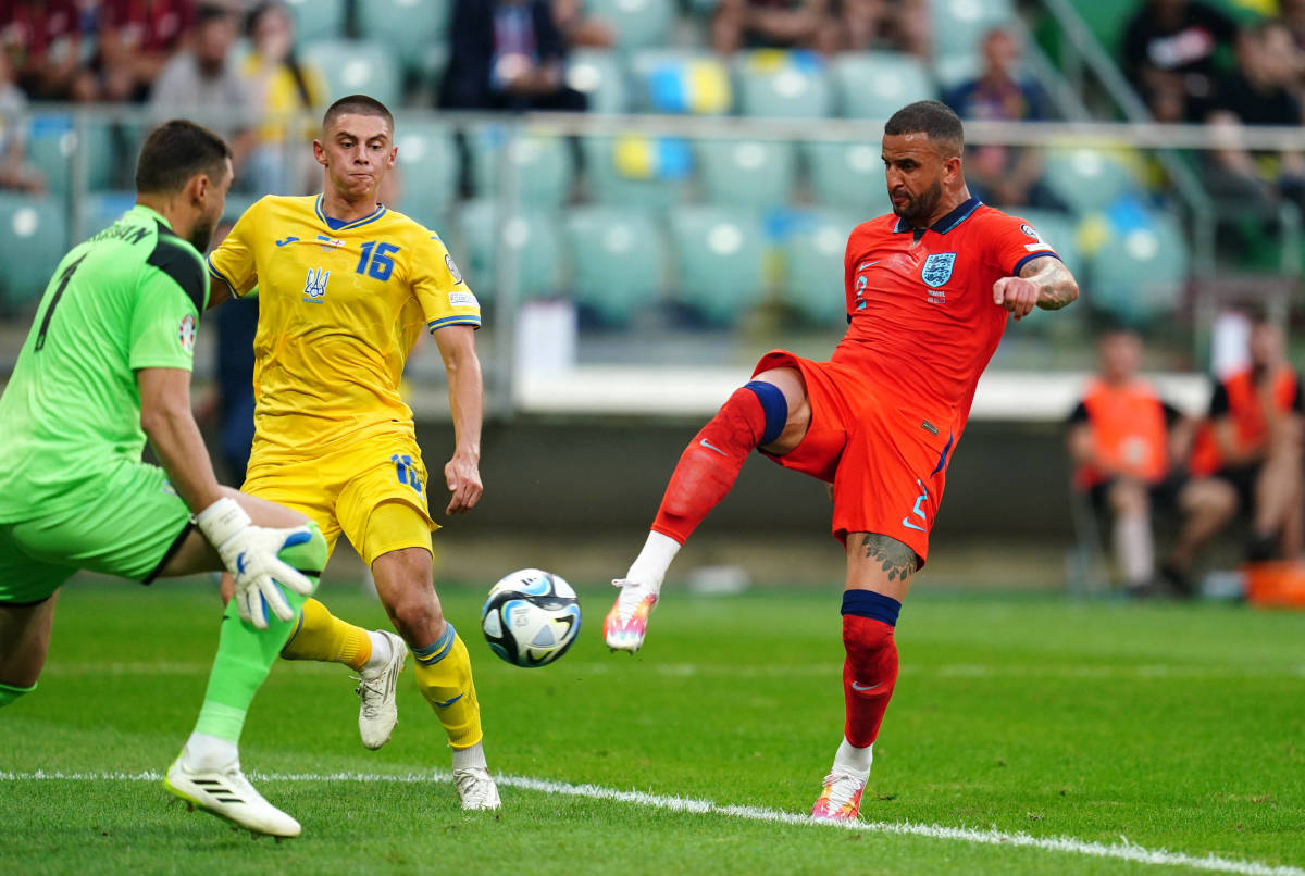 Kyle Walker pictured (right) scoring the first goal of his senior England career in a Euro 2024 qualifier against Ukraine in September 2023