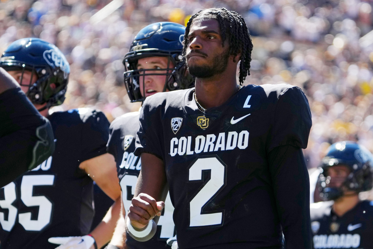 Colorado Buffaloes quarterback Shedeur Sanders (2) walks off the field at the end of the second quarter against the Nebraska Cornhuskers at Folsom Field