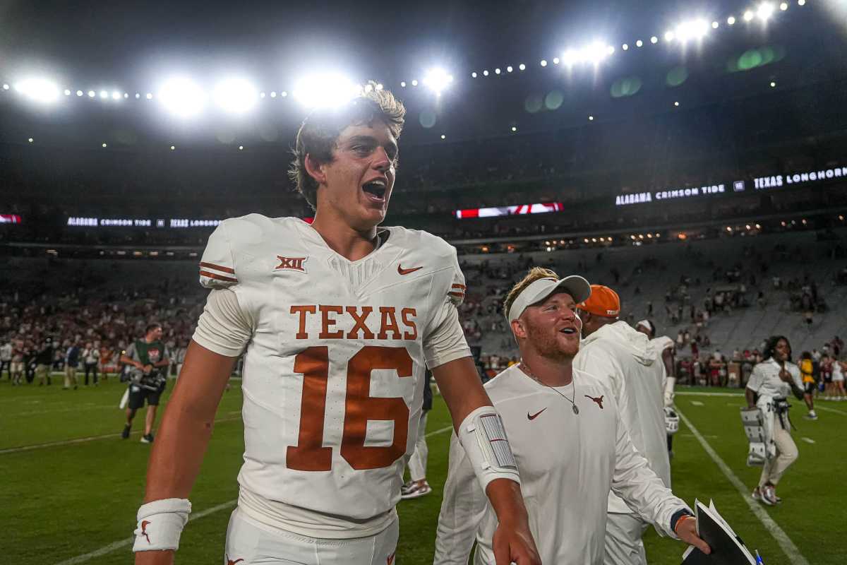 Texas Longhorns quarterback Arch Manning (16) leaves the field after the 34-24 win over Alabama at Bryant-Denny Stadium on Saturday, Sep. 9, 2023 in Tuscaloosa, Alabama 