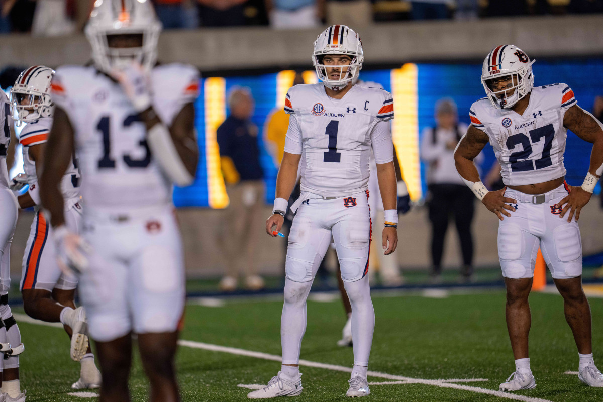 Sep 9, 2023; Berkeley, California, USA; Auburn Tigers quarterback Payton Thorne (1) looks in for the play during the first quarter against the California Golden Bears at California Memorial Stadium. Mandatory Credit: Neville E. Guard-USA TODAY Sports  