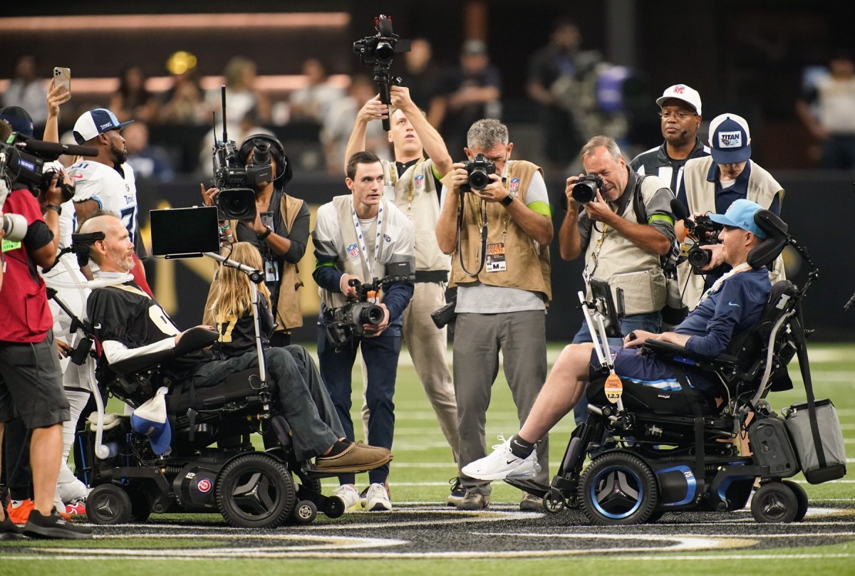 Steve Gleason and Tim Shaw serve as honorary captains for the Tennessee Titans vs. New Orleans Saints game at the Caesars Superdome.