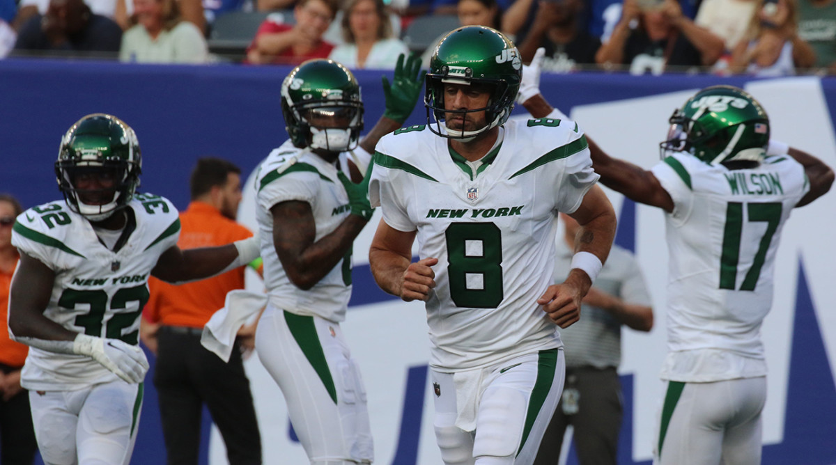 Jets quarterback Aaron Rodgers after his TD pass to Garrett Wilson against the Giants.