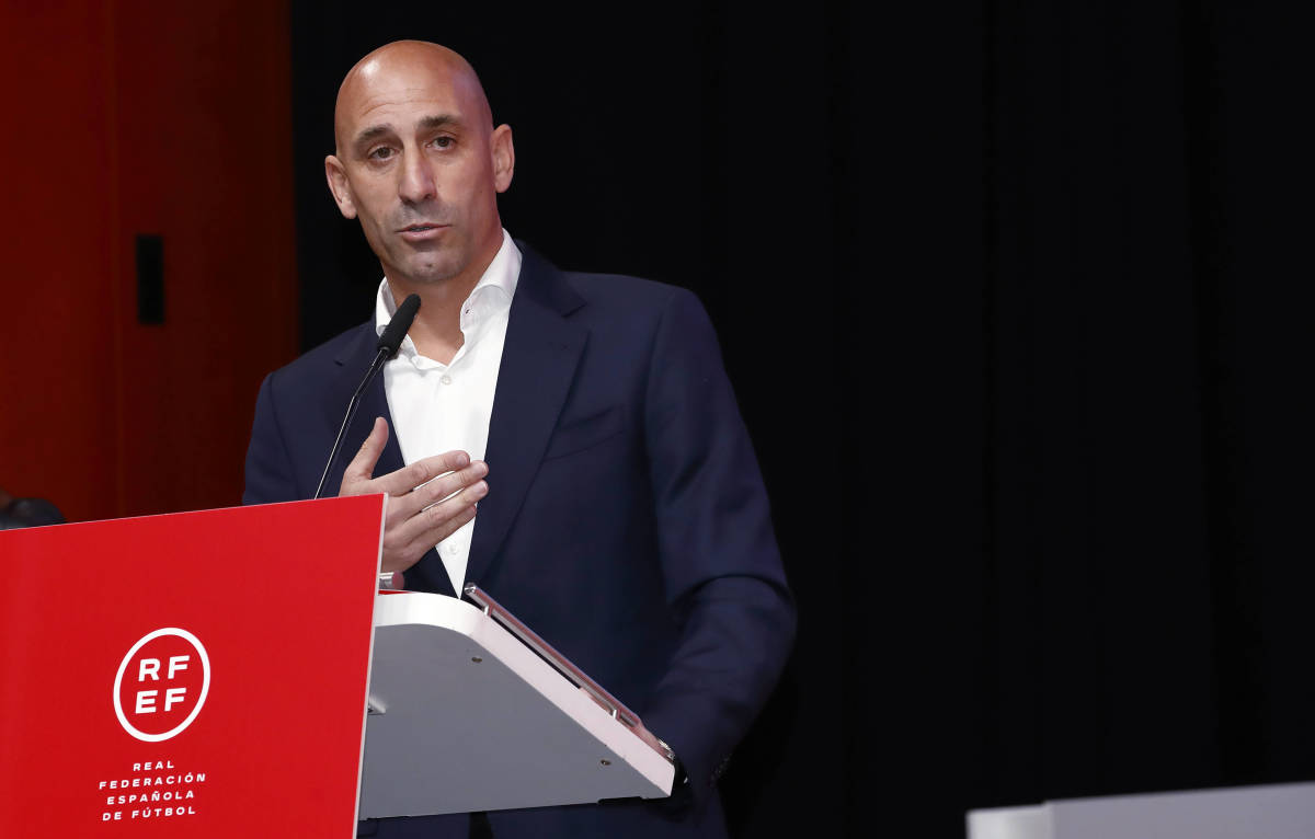 RFEF president Luis Rubiales pictured speaking at an extraordinary general assembly in Spain in August 2023