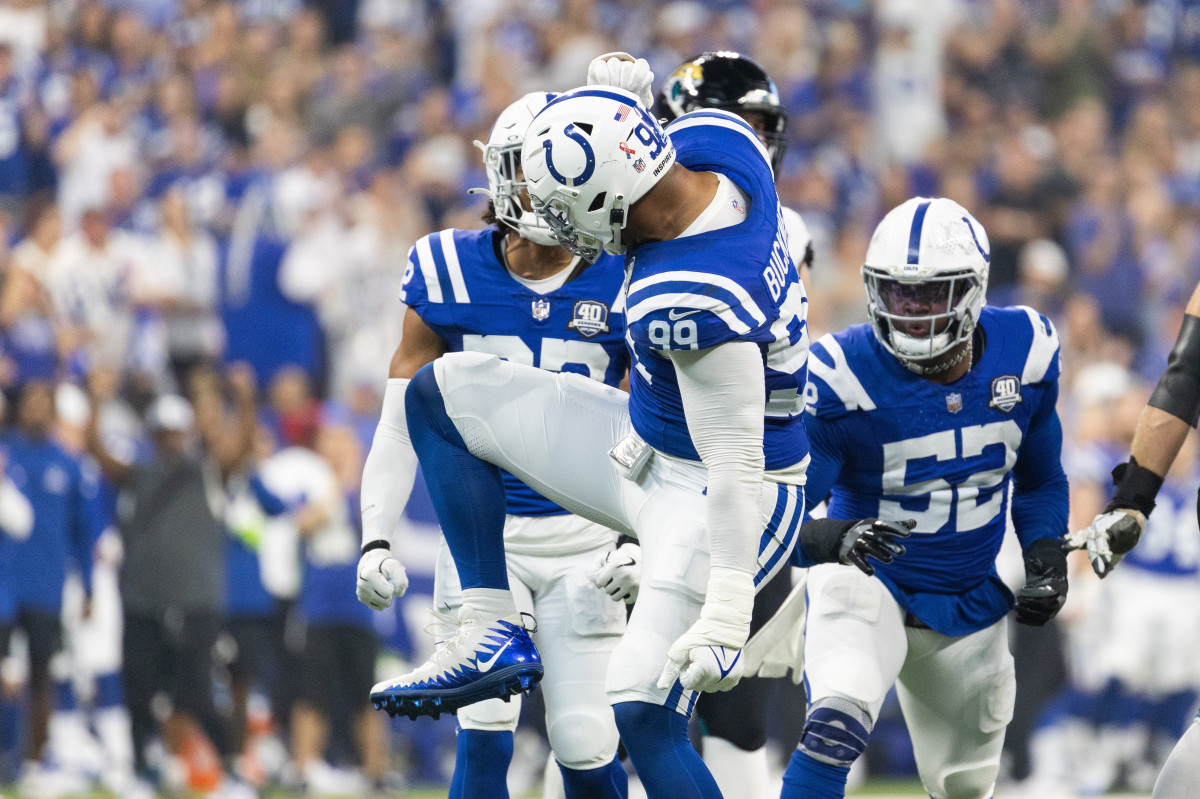 Sep 10, 2023; Indianapolis, Indiana, USA; Indianapolis Colts defensive tackle DeForest Buckner (99) celebrates a tackle for a loss in the second quarter against the Jacksonville Jaguars at Lucas Oil Stadium.