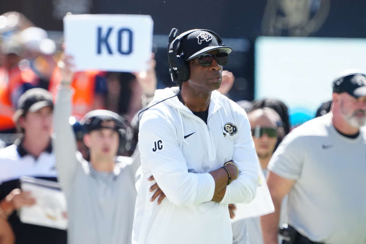 Colorado Buffaloes head coach Deion Sanders on the sidelines in the third quarter against the Nebraska Cornhuskers at Folsom Field