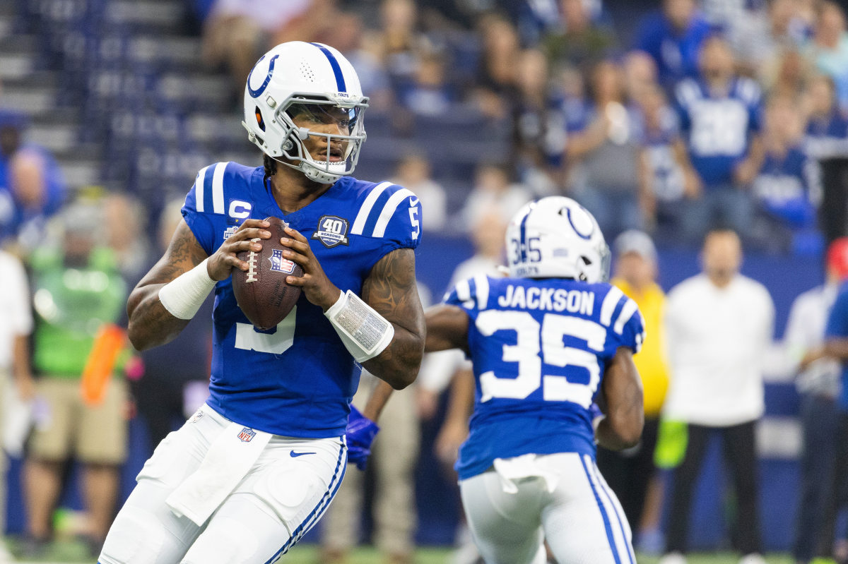 Sep 10, 2023; Indianapolis, Indiana, USA; Indianapolis Colts quarterback Anthony Richardson (5) drops back to pass the ball in the first quarter against the Jacksonville Jaguars at Lucas Oil Stadium. Mandatory Credit: Trevor Ruszkowski-USA TODAY Sports