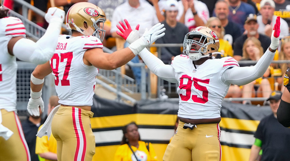 Nick Bosa and Drake Jackson celebrate after a 49ers sack against the Steelers in Week 1