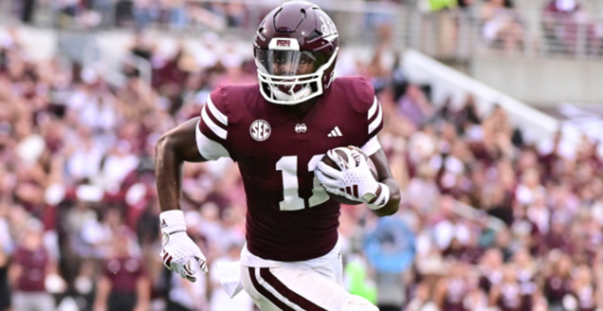 Mississippi State Bulldogs wide receiver Jaden Walley after catching a pass during a college football game in the SEC.