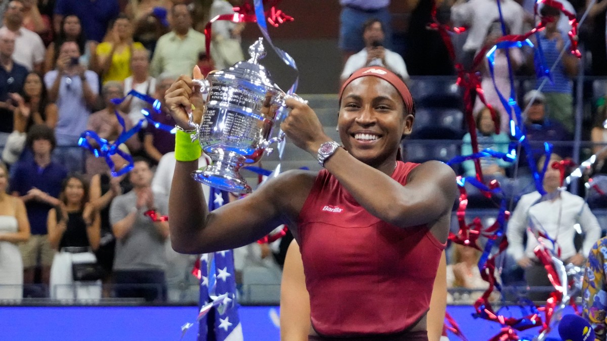 Coco Gauff celebrates her first Grand Slam win at the U.S. Open final.
