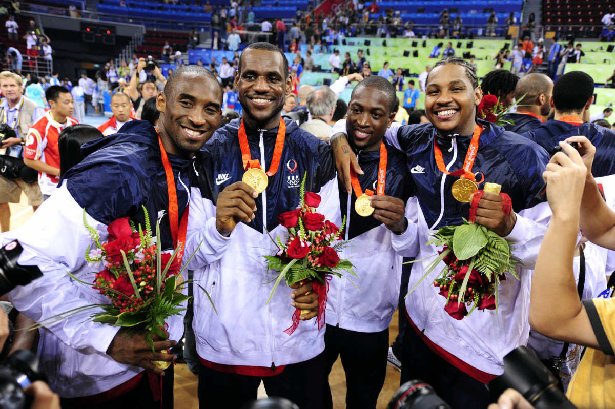 The late Kobe Bryant, LeBron James, Dwyane Wade and Carmelo Anthony with the Team USA ‘Redeem Team’ at the 2008 Olympics.