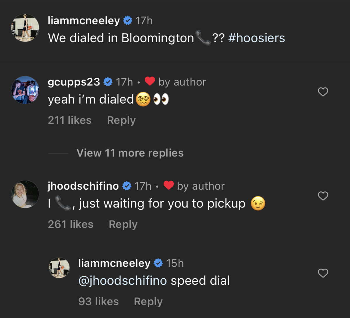 Indiana Hoosiers Jalen Hood-Schifino and Gabe Cupps interact with Liam McNeeley on Instagram following McNeeley's official visit to Bloomington.