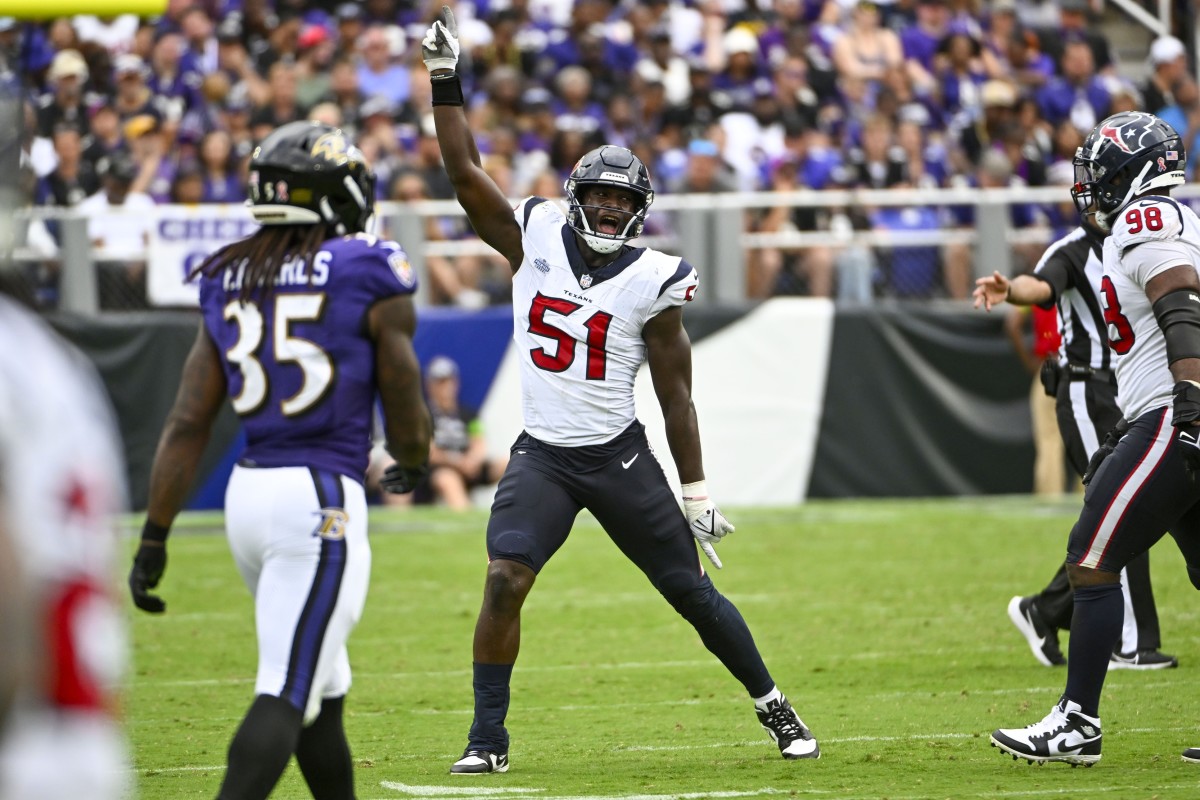 Texans edge Will Anderson Jr. celebrates a sack against the Patriots in Week 1.