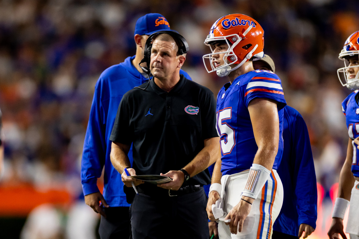 Florida HC Billy Napier with starting QB Graham Mertz during a win over McNeese State on September 9th, 2023, in Gainesville, Florida. (Photo by Matt Pendleton of USA Today Sports)