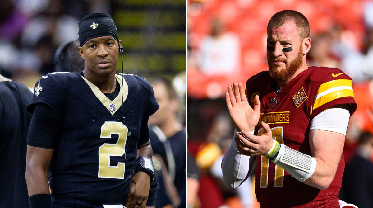 Saints quarterback Jameis Winston and free agent Carson Wentz could be options for the Jets to replace Aaron Rodgers, who suffered an Achilles injury on Monday night.