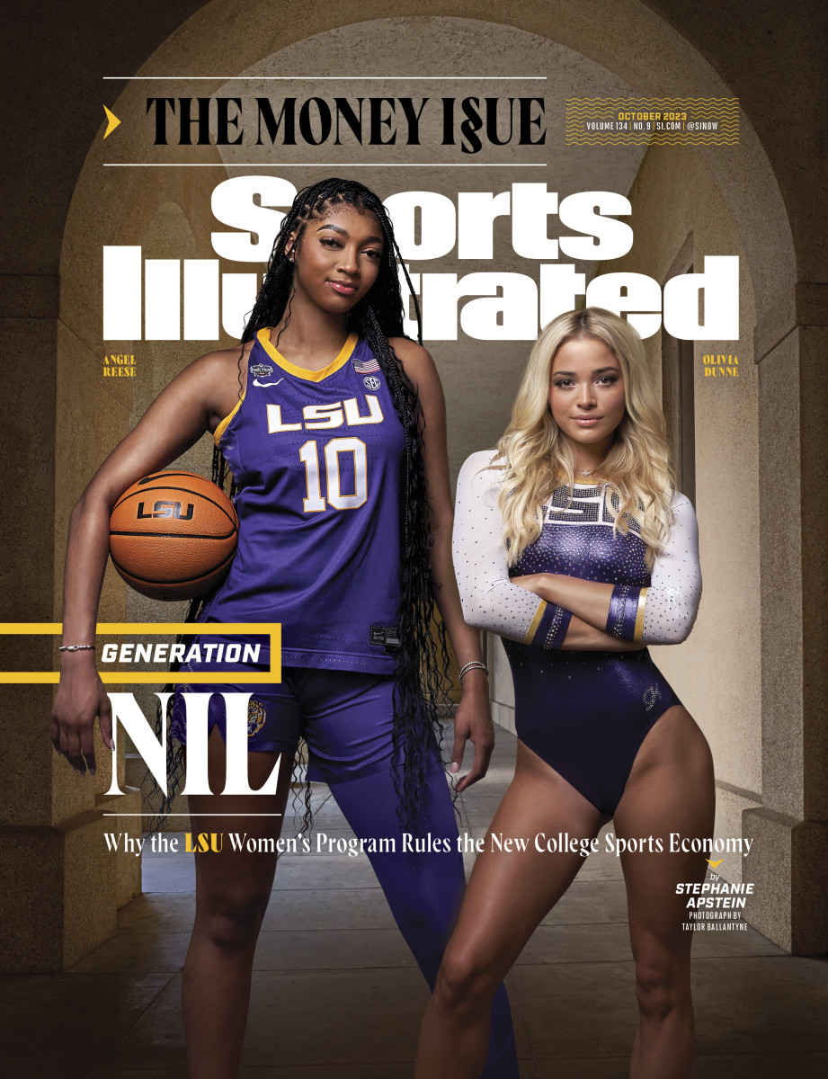 LSU basketball player Angel Reese and LSU gymnast Olivia Dunne pose next to each other on the cover of Sports Illustrated's .Money Issue.