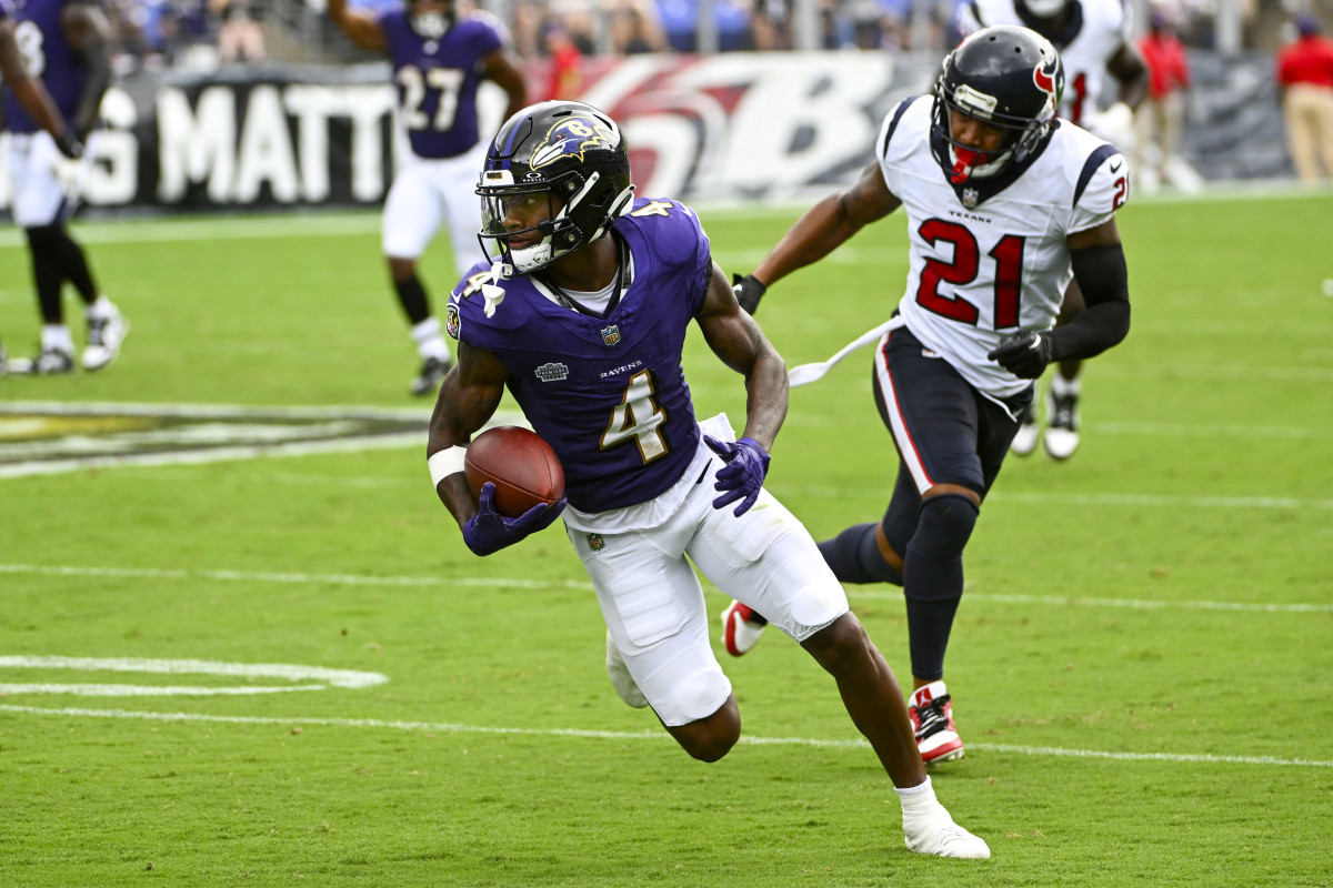 Baltimore Ravens receiver Zay Flowers catches a pass against the Houston Texans.