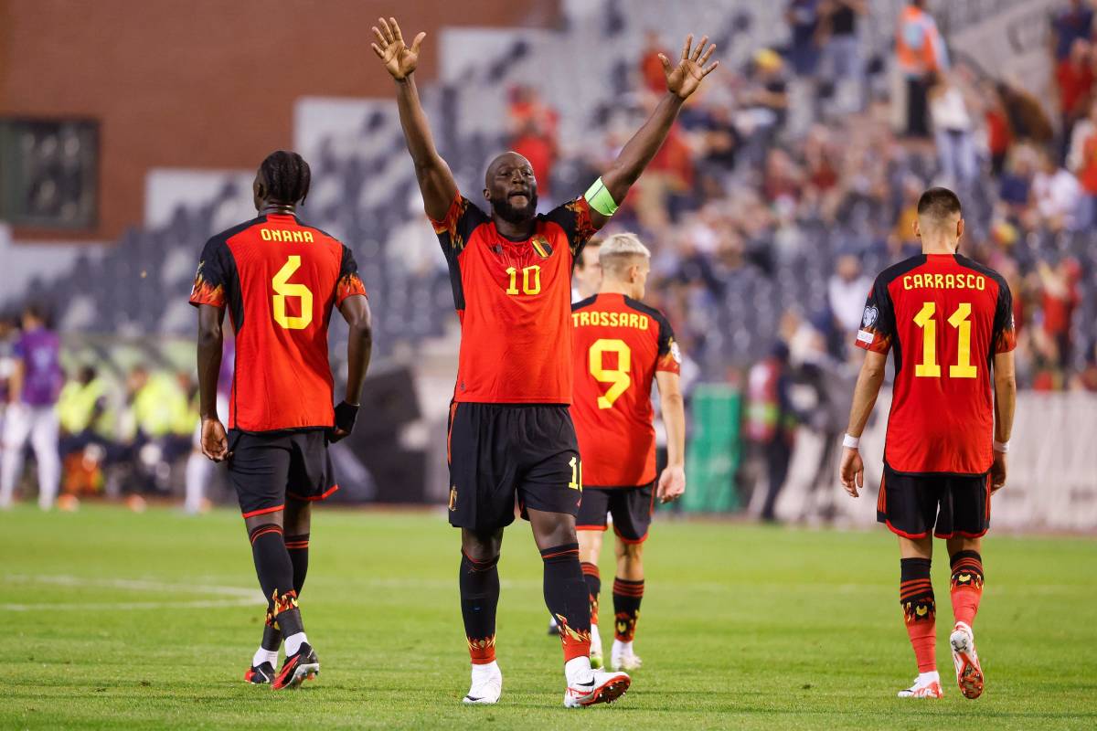 Romelu Lukaku pictured (center) celebrating after scoring two goals for Belgium in a 5-0 win over Estonia in September 2023